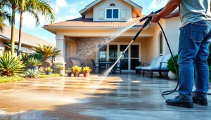 Concrete cleaning in action, showcasing a technician pressure washing a driveway in Kissimmee, FL.