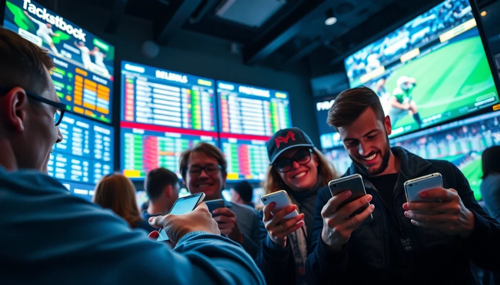 Engaging scene of sportsbooks in Manitoba with bettors analyzing odds on mobile devices in a bright, modern setting.