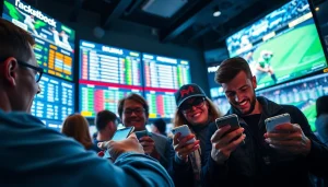 Engaging scene of sportsbooks in Manitoba with bettors analyzing odds on mobile devices in a bright, modern setting.
