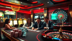 Experience thrilling gaming action with link alternatif sbobet at an elegant casino table surrounded by vibrant slot machines.