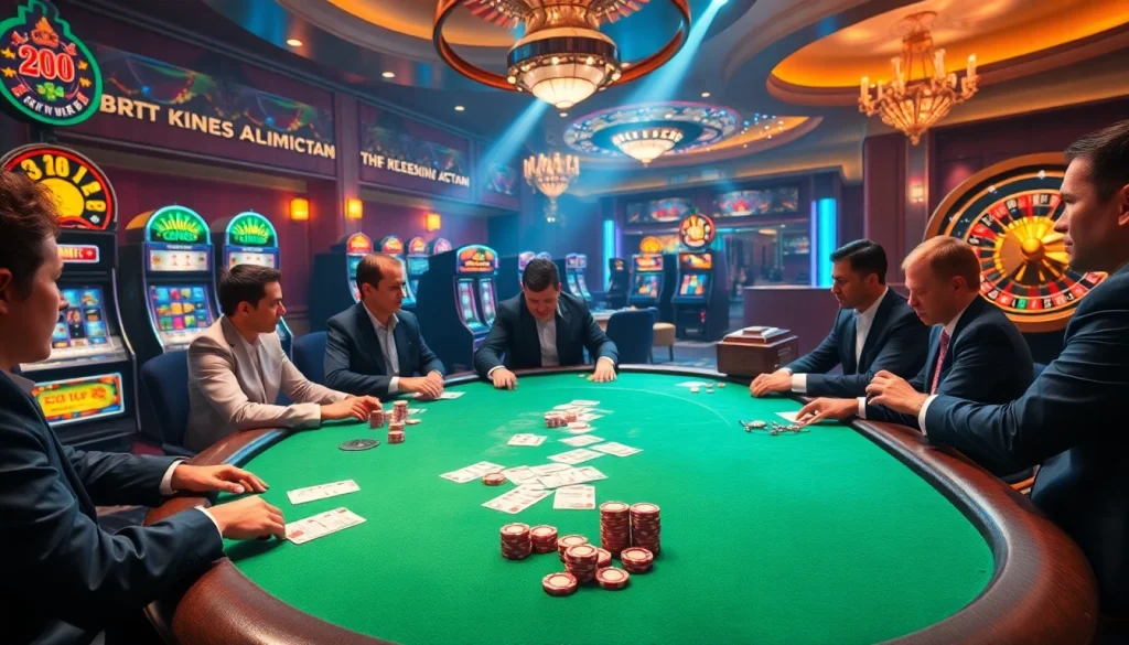 Players strategizing at a luxurious poker table in a casino setting, highlighting the excitement of 79 king gameplay.