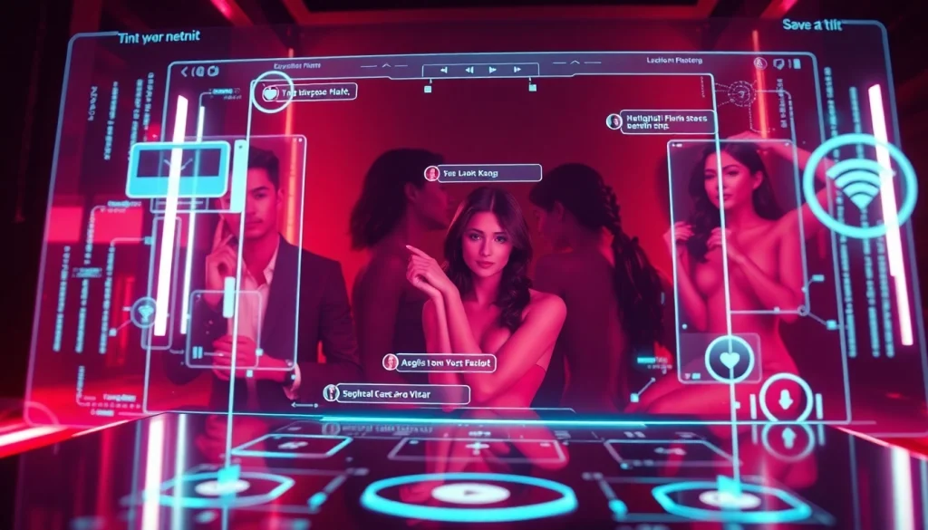 Engaging scene of sex AI interaction showcasing a futuristic interface with alluring digital characters.
