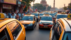 Delhi Taxi Service with trusted drivers and hygienic vehicles in busy New Delhi street setting.