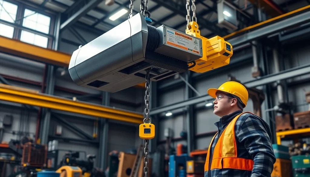 Electric chain hoist crane lifting a large metal beam in an industrial setting, showcasing efficiency and safety.