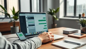 专注的用户在现代办公室用笔记本电脑展示 WhatsApp网页版。