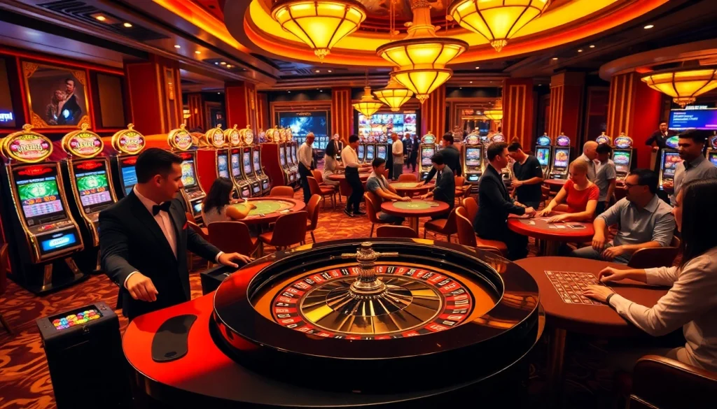 hello88 casino scene with players at a roulette table and vibrant slot machines