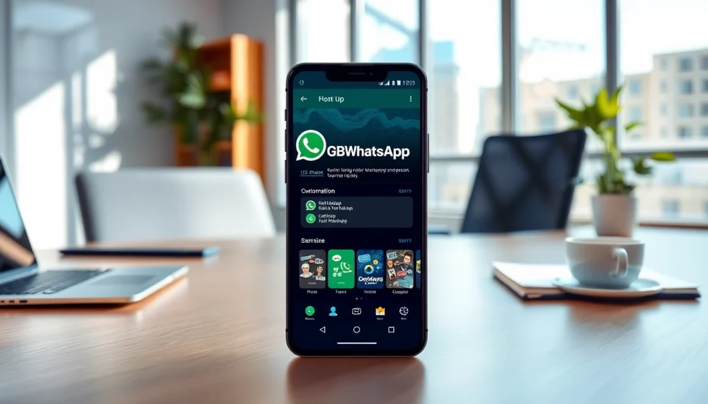 Showcasing the GBWhatsApp interface on a smartphone with vibrant customization options in a modern workspace.