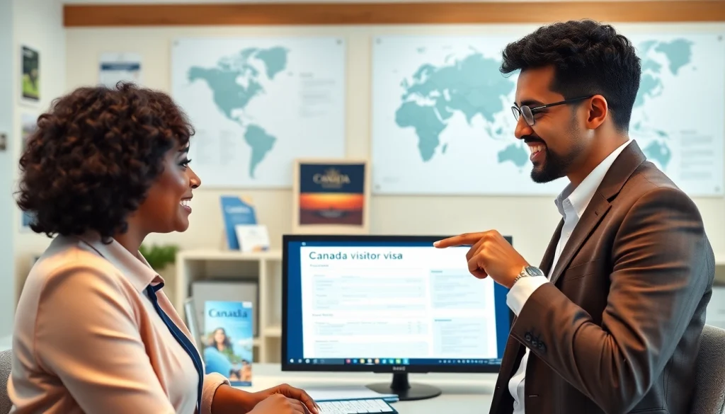 Friendly immigration consultant guides client on canada visitor visa from australia application.