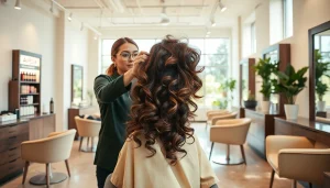 Perm san diego: Client receiving a stylish perm treatment in a modern hair salon.