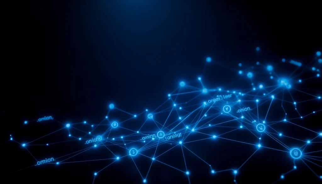 The hidden wiki dark web visual representation with glowing connections, symbolizing a network of .onion links.
