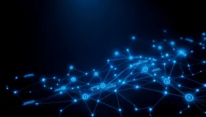 The hidden wiki dark web visual representation with glowing connections, symbolizing a network of .onion links.