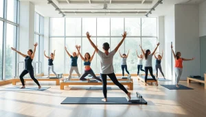 台東区のスタジオでピラティスを実践するグループ、健康とフィットネス活動を紹介