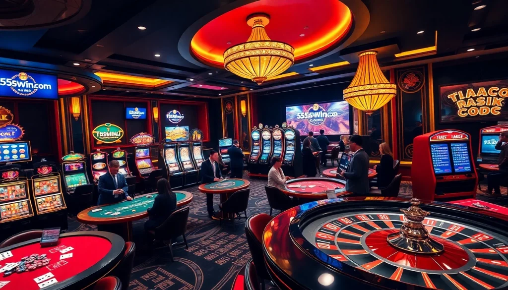 Engaging gamers at a luxurious casino with 555win com branding, featuring tables and slots.