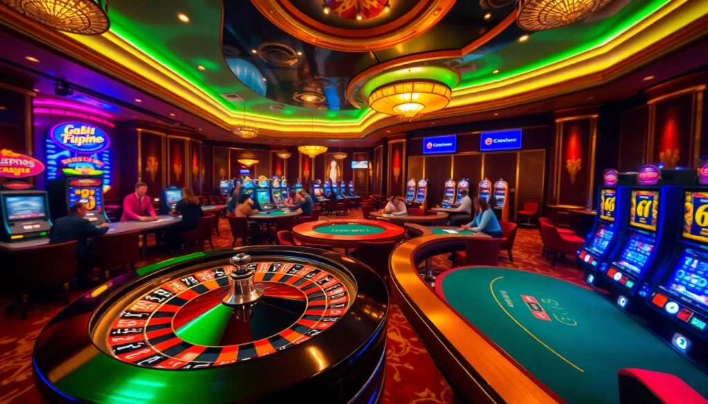 An exciting night of gaming at u888 com casino with poker tables, roulette wheels, and dazzling slot machines.