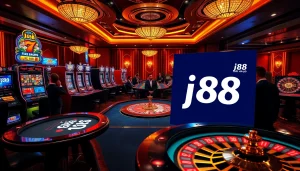 Exciting gambling scene featuring poker, slots, and roulette, highlighting the link vào j88 for mobile app access.