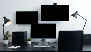 Black screen tool enhancing focus in a modern workspace with sleek monitors.