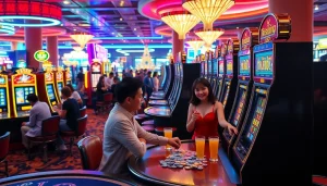 Players celebrating wins at a nổ hũ slot machine in a vibrant casino.
