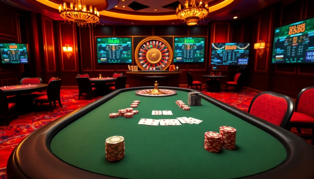 Experience RR88 with an engaging poker game under luxurious casino lights.