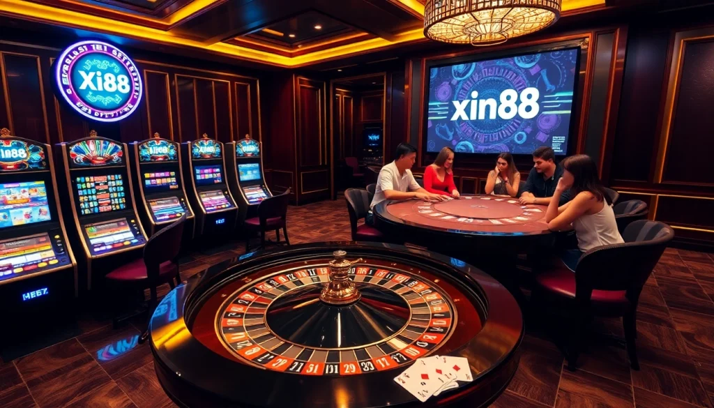 Players gambling at a luxurious casino featuring the xin88 brand, highlighting excitement and professionalism.