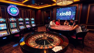 Players gambling at a luxurious casino featuring the xin88 brand, highlighting excitement and professionalism.