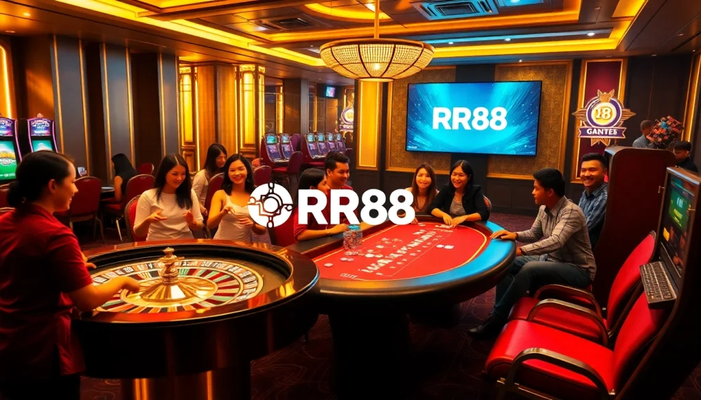 Gamblers engaging with engaging RR88 casino games in a vibrant and luxurious atmosphere.