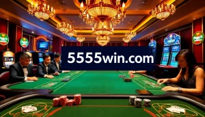 Players engage in thrilling games at the luxurious 555win com casino table with vibrant lights and professional dealers.
