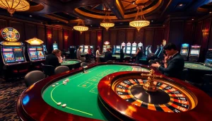 Engaged players enjoying MK8 casino games at a luxurious roulette table with vibrant slot machines.