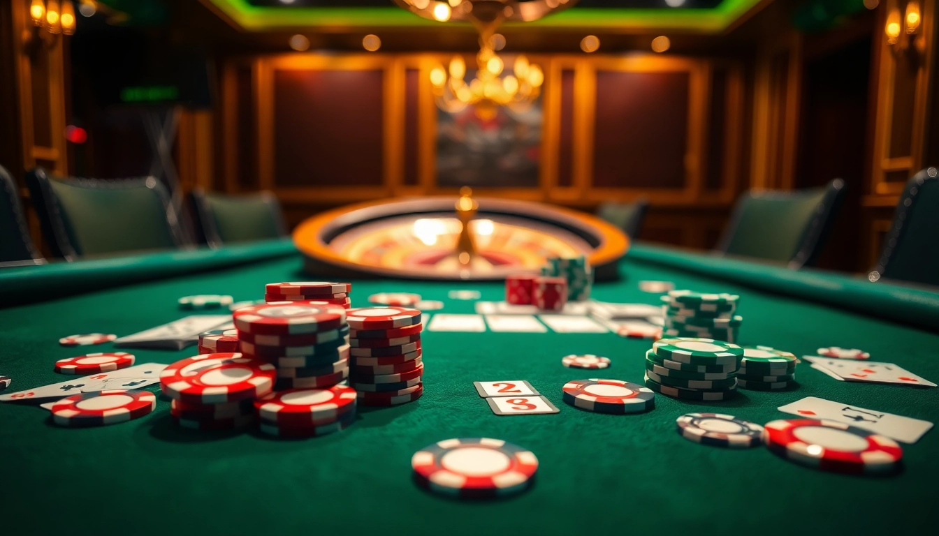 Experience thrilling Taruhan bola action at an elegant casino table with high-stakes cards and vibrant poker chips.
