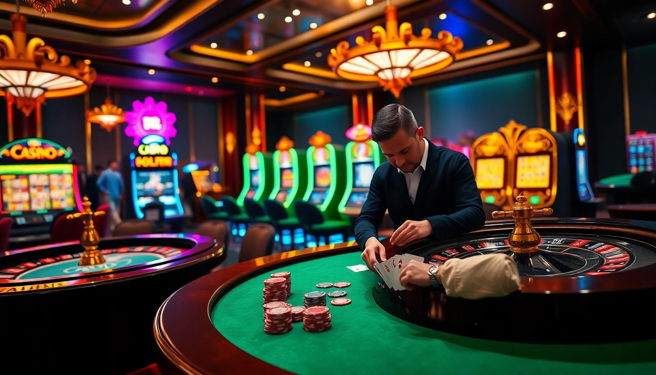 Une scène vibrante illustrant l'énergie des meilleurs casinos en ligne avec des jetons de poker, des cartes et une roue de roulette en rotation.