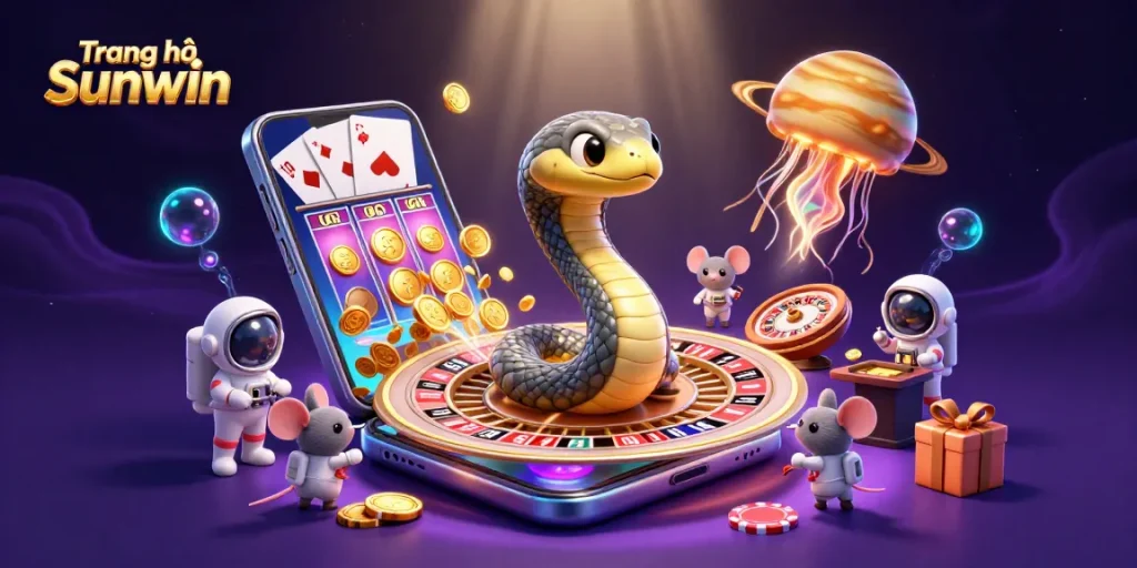 Bet on Trang chủ Sunwin with a cosmic illustration of casino fun featuring unique 3D characters.