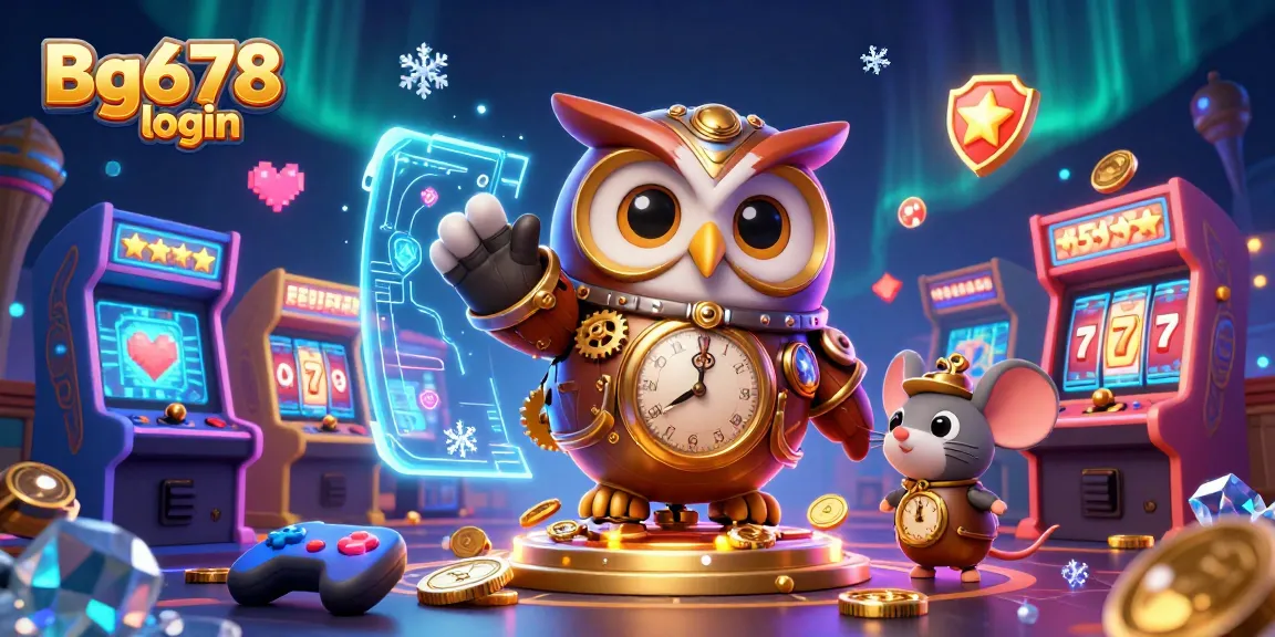 Engage with Bg678 login through a vibrant 3D casino illustration featuring an owl and gaming elements.