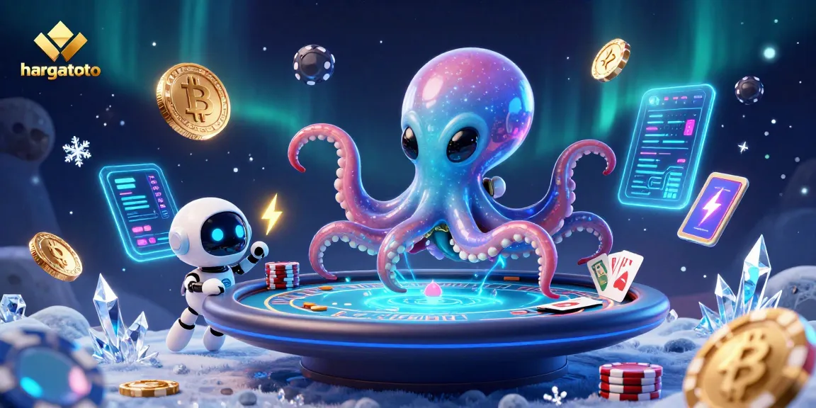 hargatoto showcases an alien octopus gaming at a holographic poker table amidst cryptocurrency coins and vibrant space.