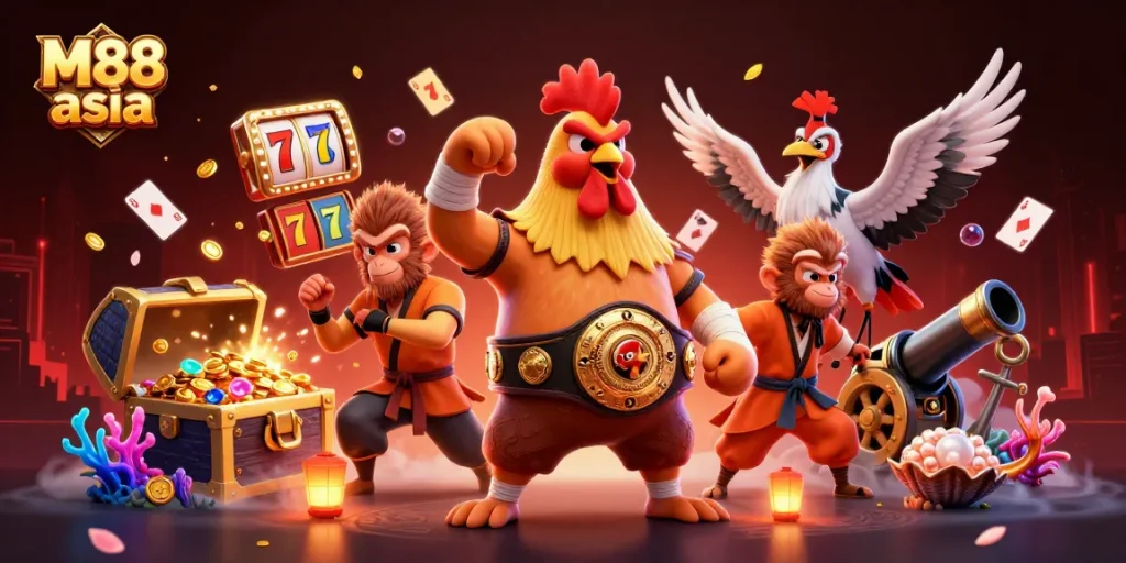 M88 asia showcases a vibrant casino theme with a Muay Thai rooster and Shaolin monkey in an action-packed illustration surrounded by gold coins and slot reels.