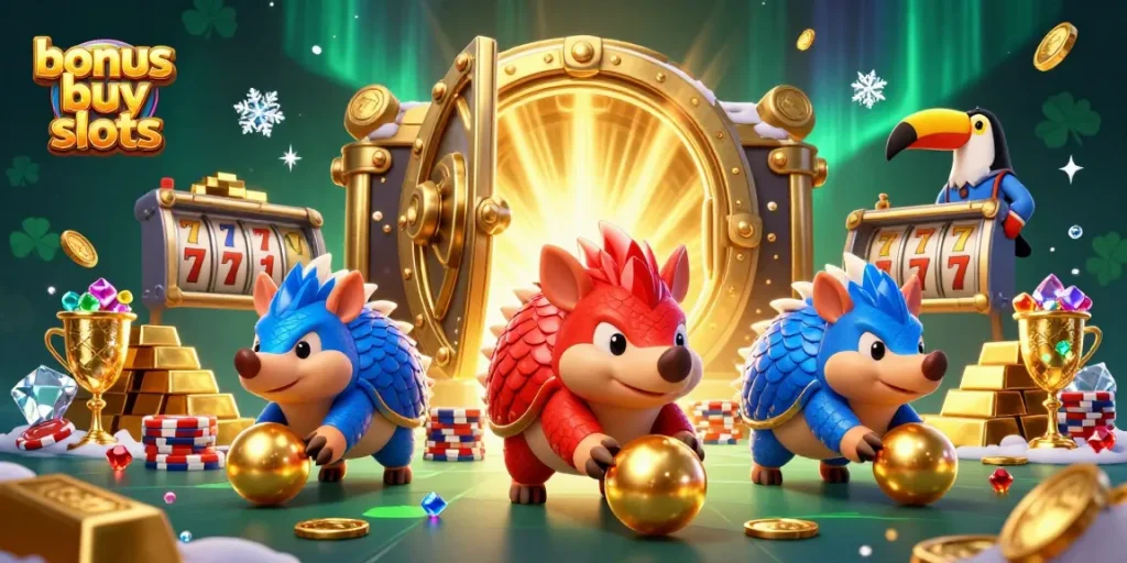 Experience exciting bonus buy slots with vibrant pangolins in a rich casino atmosphere.