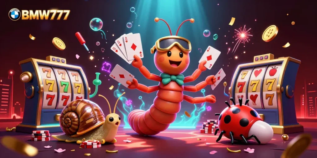 Experience thrilling wins with BMW777 in this vibrant casino scene featuring animated characters.