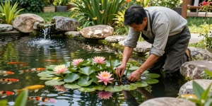 Buy Water Lilies in a tranquil pond scene with gardener planting vibrant water lilies surrounded by greenery and koi fish.