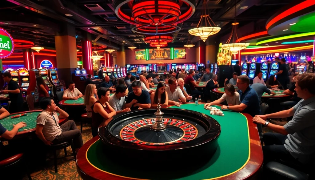 Situs toto dengan pemain yang bersemangat di meja roulette kasino yang ramai.